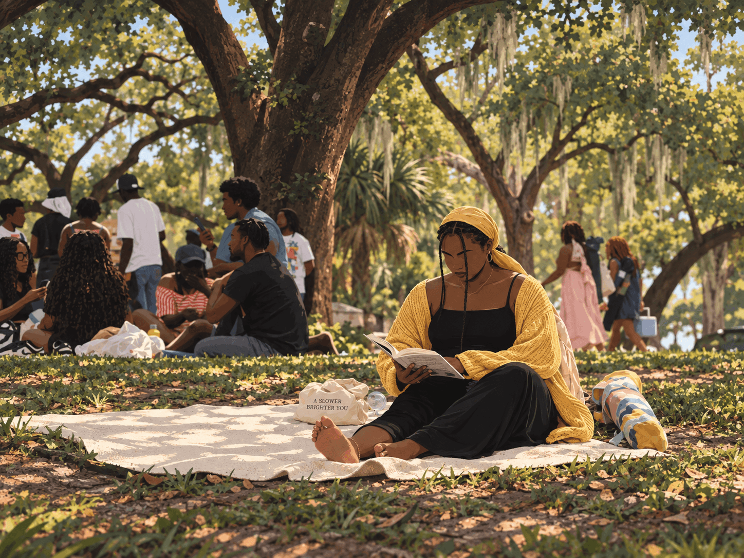 A woman in a yellow head wrap and cardigan sits alone on a blanket reading a book beneath large oak trees, while groups of people talk and gather in the grass around her.
