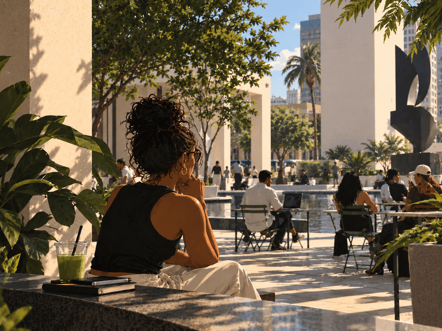 Seen from behind, a woman sits at an outdoor plaza table beneath a tree, overlooking a reflecting pool with a black sculpture, palm trees, and city buildings, while others work at nearby tables.