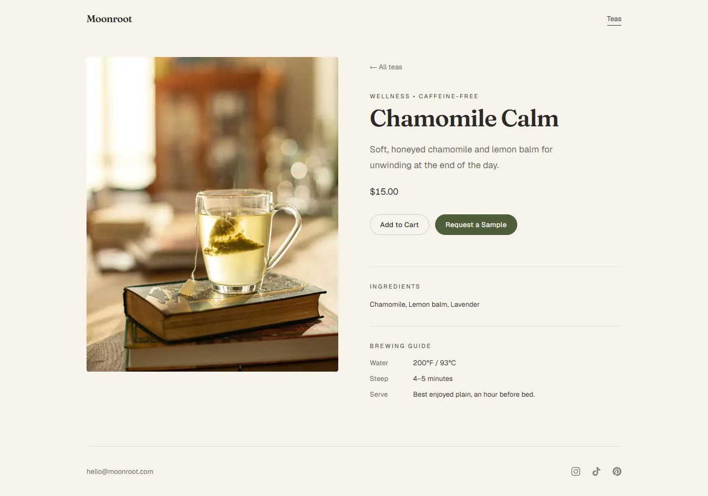 Moonroot's Chamomile Calm page: a photo of the tea beside its category, description, $15.00 price, Add to Cart and Request a Sample buttons, ingredients, and a brewing guide.