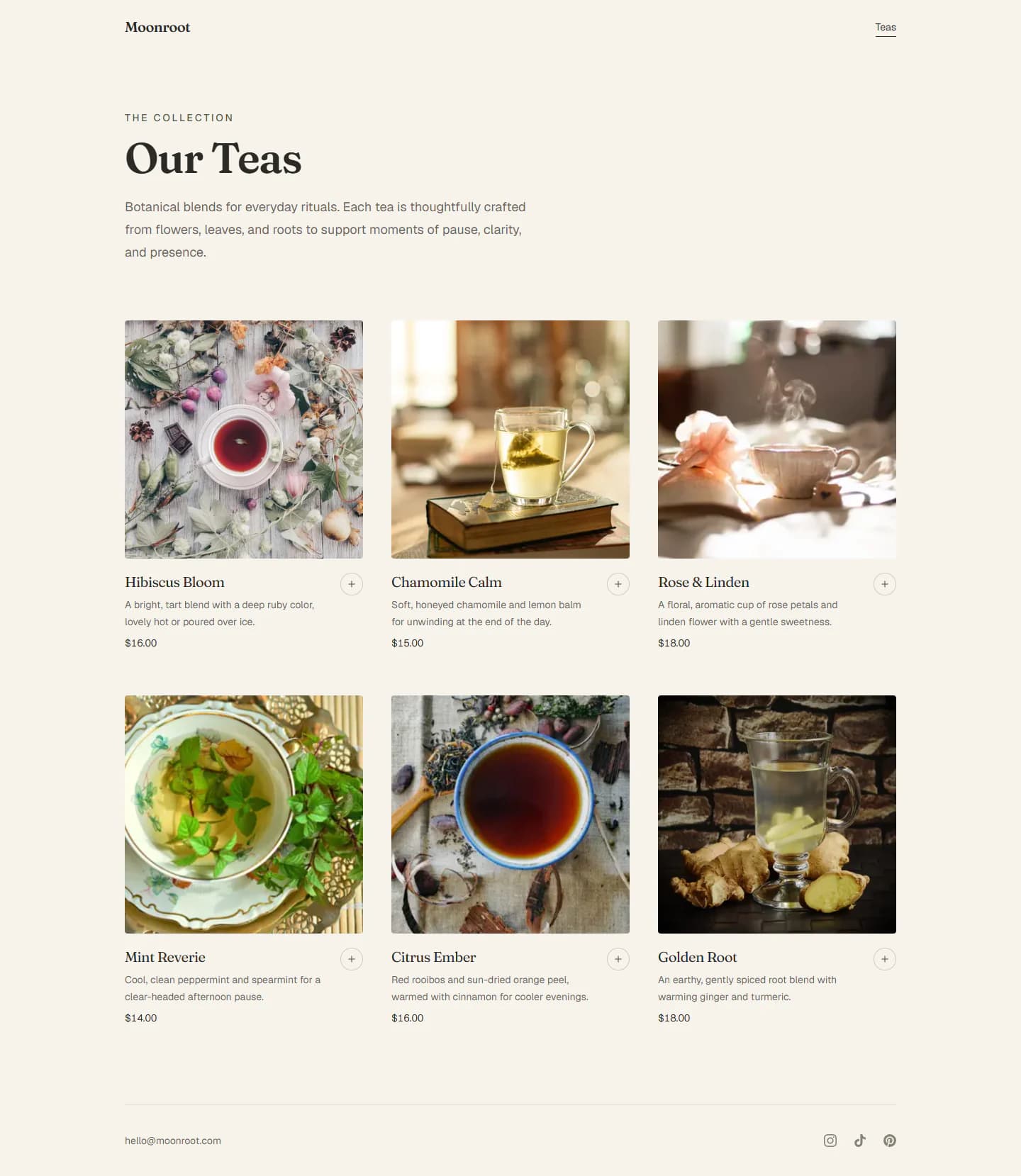 Moonroot's Our Teas collection page: six teas in a three-column grid, each with a square photo, name, one-line description, and price.