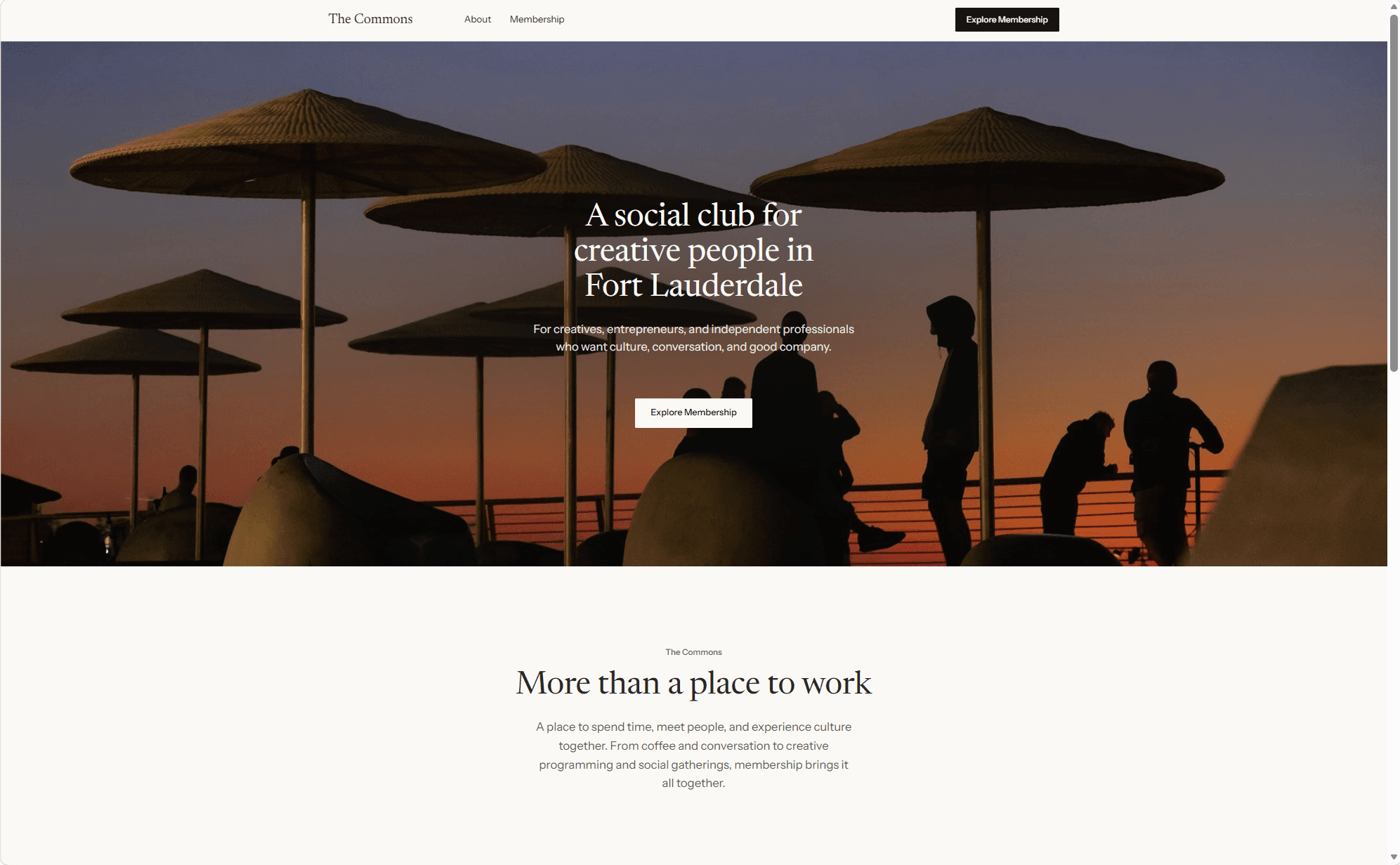 The Commons homepage, with its navigation bar above a sunset photo and the headline “A social club for creative people in Fort Lauderdale.”