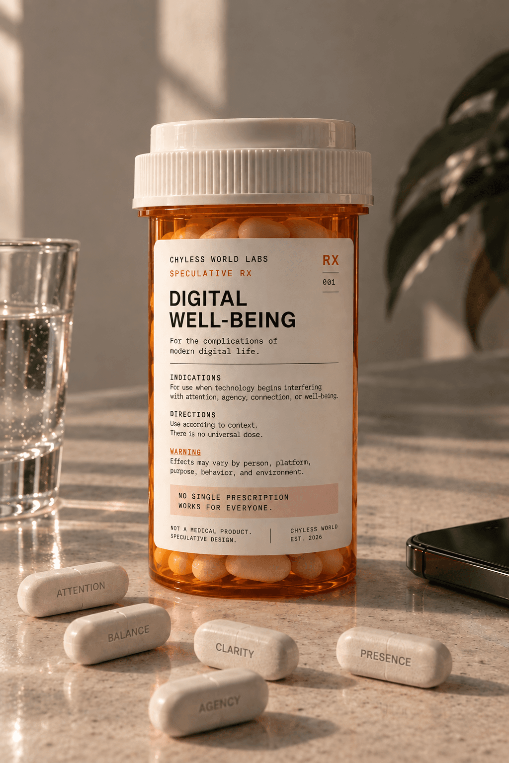 A prescription bottle labeled 'Chyless World Labs, Speculative Rx, Digital Well-Being,' surrounded by capsules individually printed with the words Attention, Balance, Clarity, Presence, and Agency.