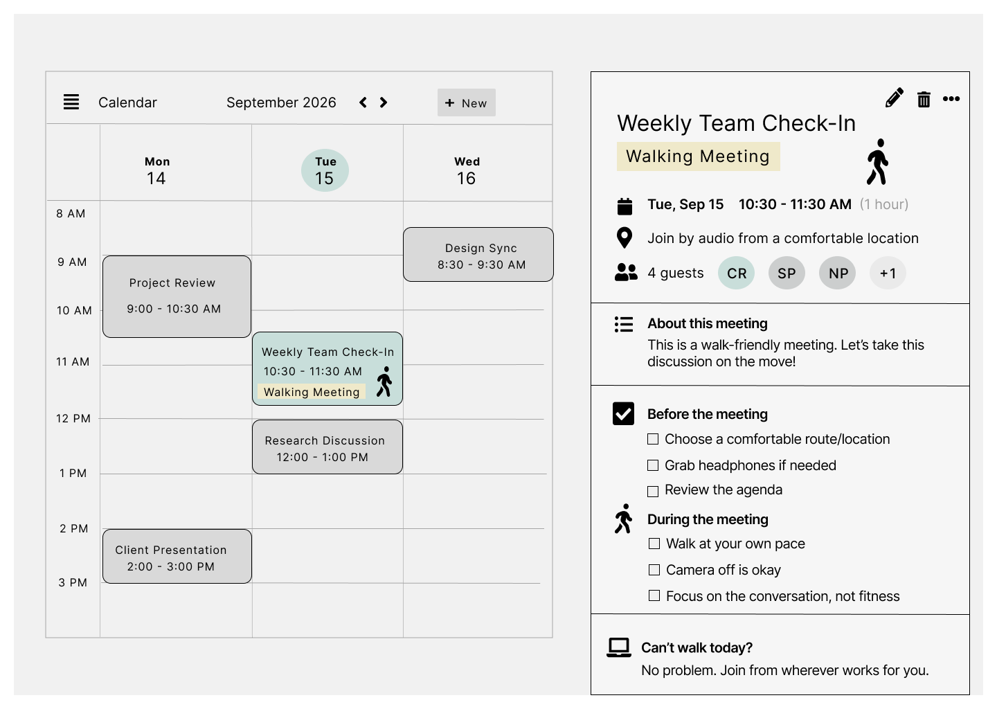 Early calendar-interface prototype showing a Weekly Team Check-In designated as a walking meeting, with preparation and meeting prompts.
