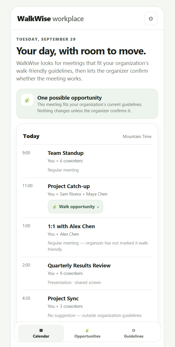 WalkWise workplace calendar showing a meeting identified as a possible walk-friendly opportunity.